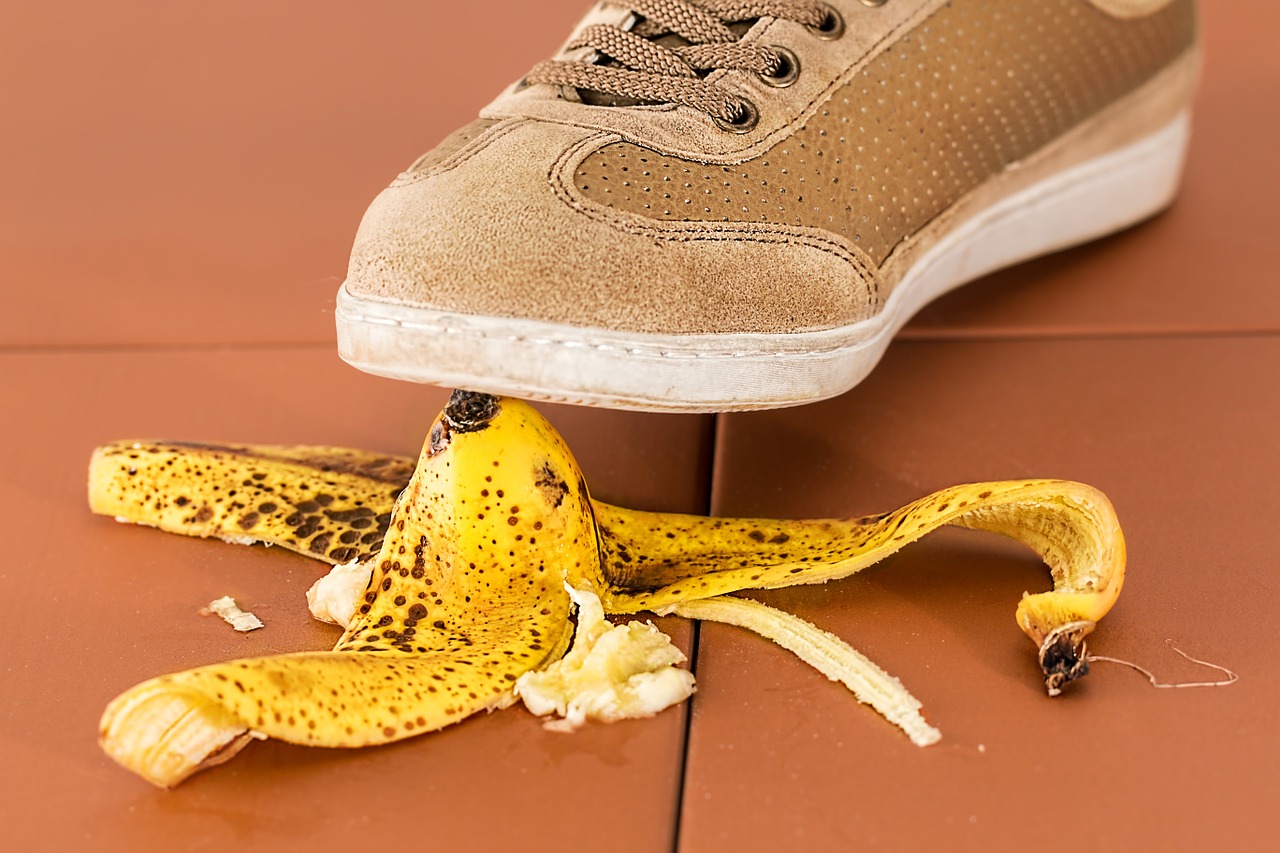 Foot about to tread on a banana skin - Trade shows mistakes